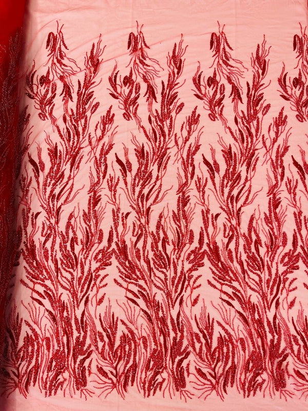 Fancy Vine Beaded Lace Polyester Fabric - Hand Beaded Vine Pattern, 54" Width (1 Yard)