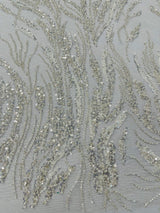 Fancy Vine Beaded Lace Polyester Fabric - Hand Beaded Vine Pattern, 54" Width (1 Yard)