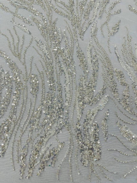 Fancy Vine Beaded Lace Polyester Fabric - Hand Beaded Vine Pattern, 54" Width (1 Yard)