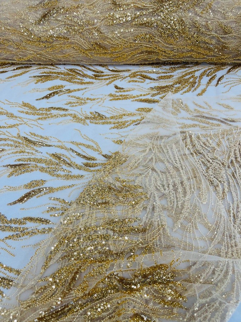 Fancy Vine Beaded Lace Polyester Fabric - Hand Beaded Vine Pattern, 54" Width (1 Yard)