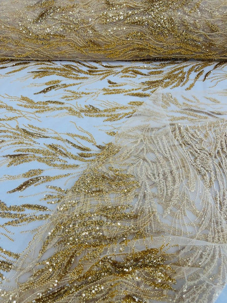 Fancy Vine Beaded Lace Polyester Fabric - Hand Beaded Vine Pattern, 54" Width (1 Yard)