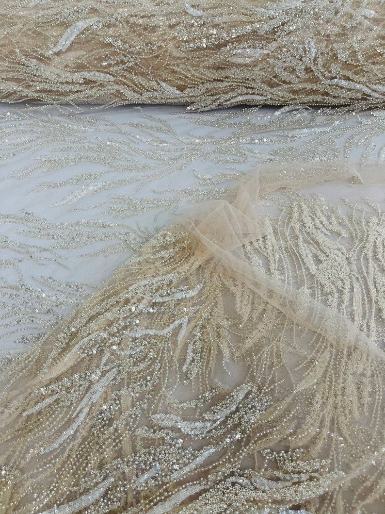 Fancy Vine Beaded Lace Polyester Fabric - Hand Beaded Vine Pattern, 54" Width (1 Yard)