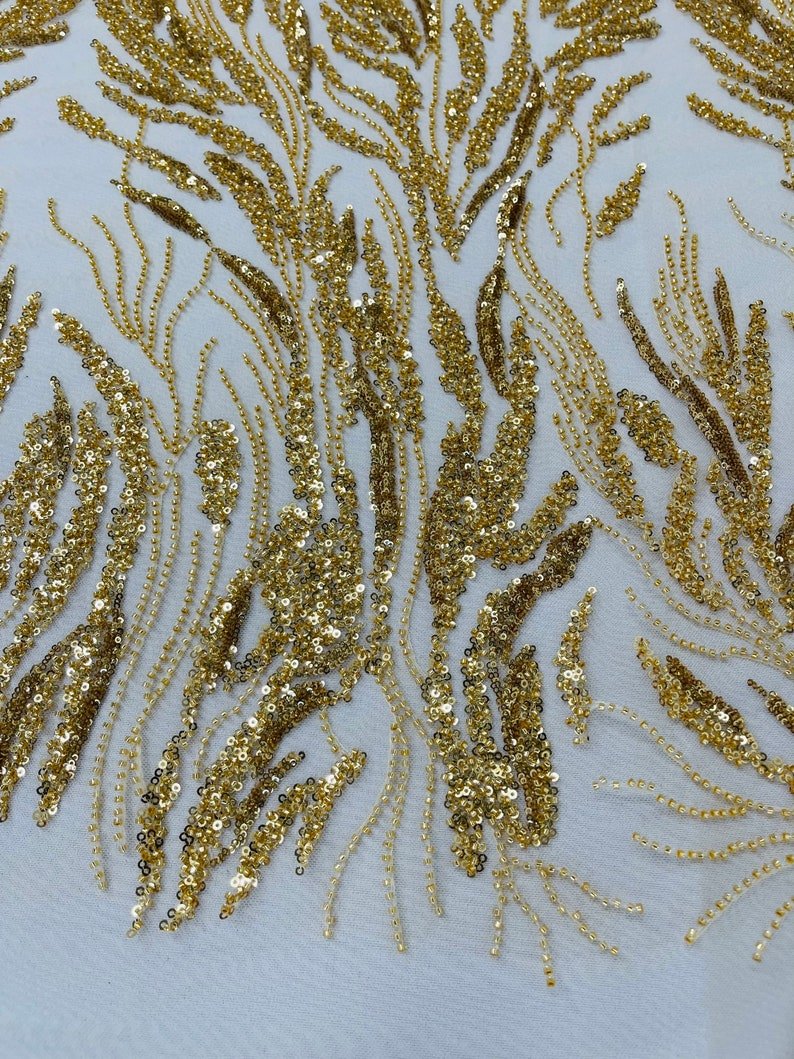 Fancy Vine Beaded Lace Polyester Fabric - Hand Beaded Vine Pattern, 54" Width (1 Yard)