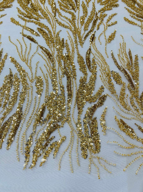 Fancy Vine Beaded Lace Polyester Fabric - Hand Beaded Vine Pattern, 54" Width (1 Yard)