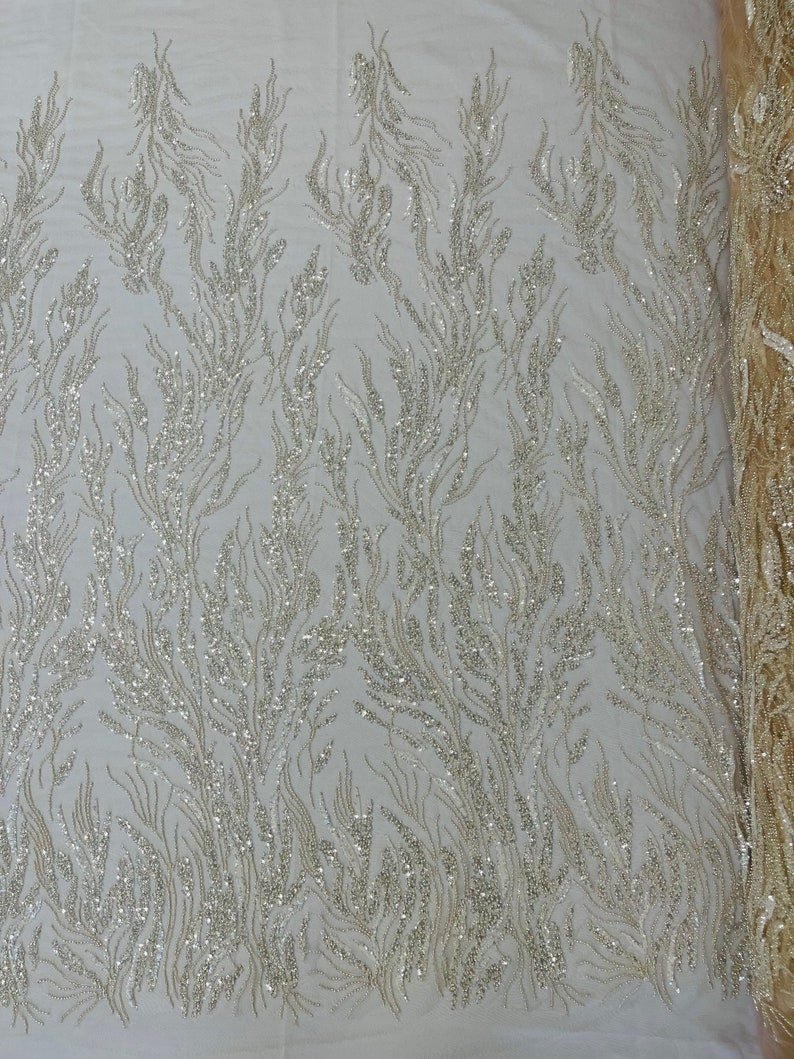 Fancy Vine Beaded Lace Polyester Fabric - Hand Beaded Vine Pattern, 54" Width (1 Yard)