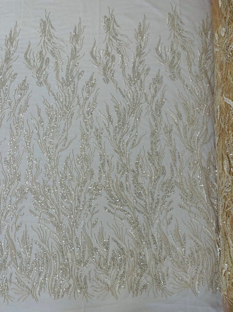 Fancy Vine Beaded Lace Polyester Fabric - Hand Beaded Vine Pattern, 54" Width (1 Yard)