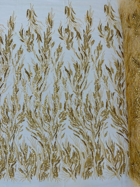 Fancy Vine Beaded Lace Polyester Fabric - Hand Beaded Vine Pattern, 54" Width (1 Yard)