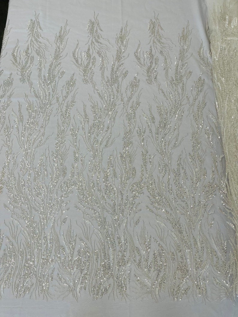 Fancy Vine Beaded Lace Polyester Fabric - Hand Beaded Vine Pattern, 54" Width (1 Yard)