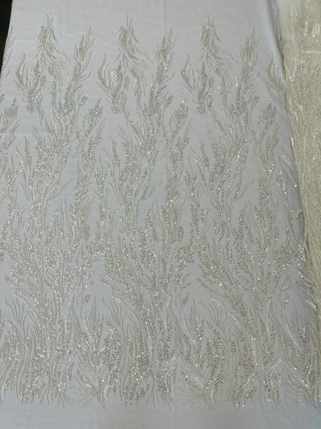 Fancy Vine Beaded Lace Polyester Fabric - Hand Beaded Vine Pattern, 54" Width (1 Yard)