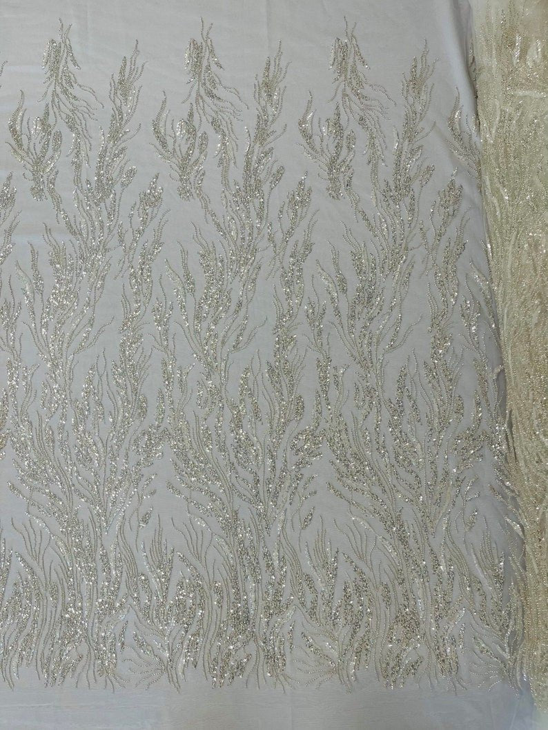 Fancy Vine Beaded Lace Polyester Fabric - Hand Beaded Vine Pattern, 54" Width (1 Yard)