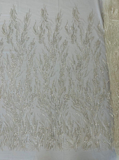 Fancy Vine Beaded Lace Polyester Fabric - Hand Beaded Vine Pattern, 54" Width (1 Yard)