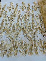Fancy Vine Beaded Lace Polyester Fabric - Hand Beaded Vine Pattern, 54" Width (1 Yard)