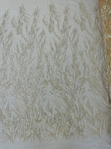 Fancy Vine Beaded Lace Polyester Fabric - Hand Beaded Vine Pattern, 54" Width (1 Yard)