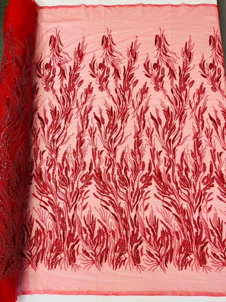 Fancy Vine Beaded Lace Polyester Fabric - Hand Beaded Vine Pattern, 54" Width (1 Yard)