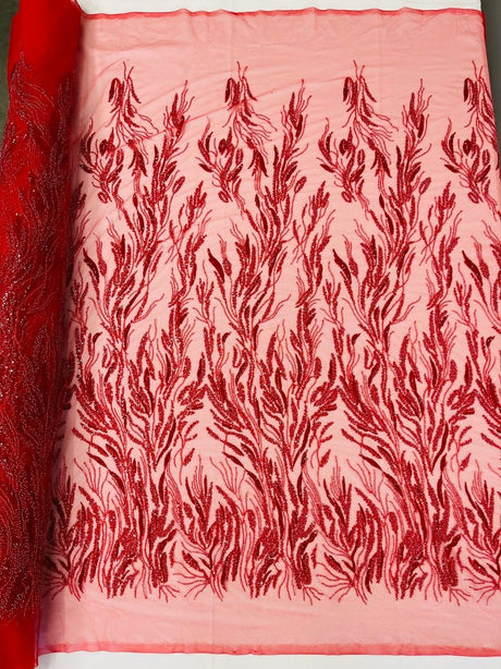 Fancy Vine Beaded Lace Polyester Fabric - Hand Beaded Vine Pattern, 54" Width (1 Yard)