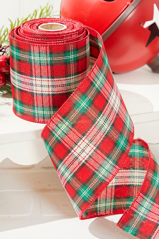 4" x 10 Yard Red/Green/White Plaid Ribbon