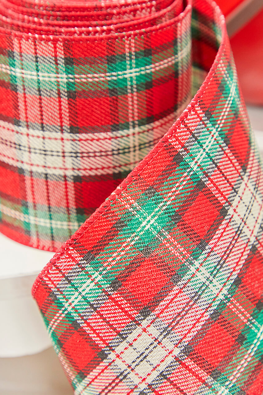 4" x 10 Yard Red/Green/White Plaid Ribbon