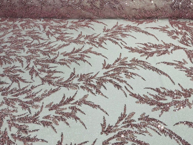 Fashion Beaded Lace With Glitter Mesh Fabric - Hand Beaded Vine Lace, Glitter Mesh, 54" Width (1 Yard)
