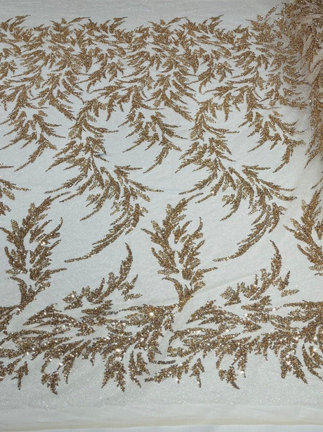 Fashion Beaded Lace With Glitter Mesh Fabric - Hand Beaded Vine Lace, Glitter Mesh, 54" Width (1 Yard)