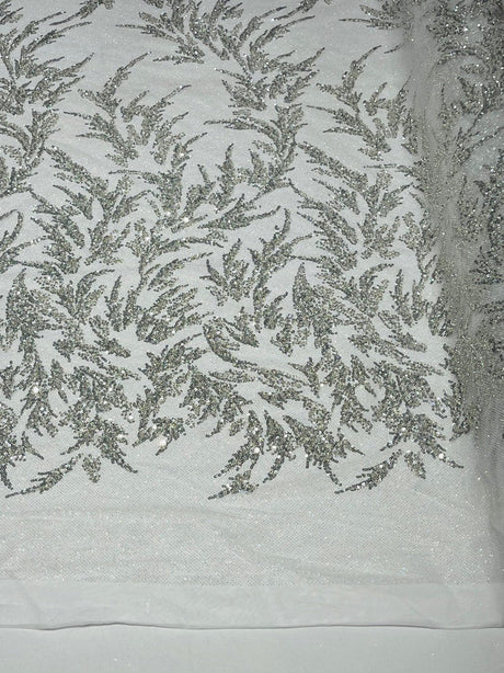 Fashion Beaded Lace With Glitter Mesh Fabric - Hand Beaded Vine Lace, Glitter Mesh, 54" Width (1 Yard)