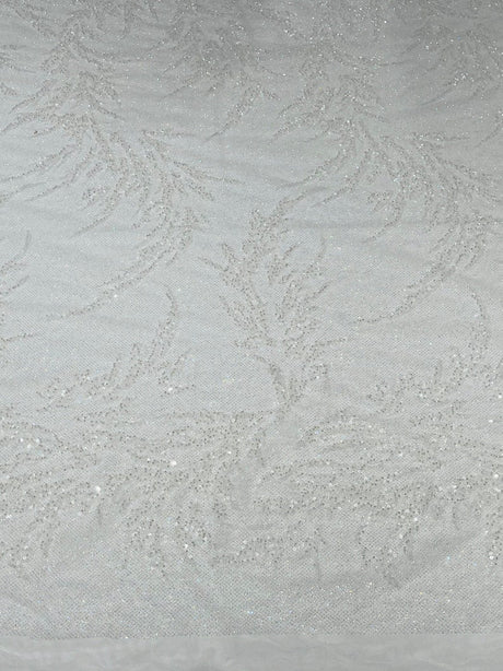 Fashion Beaded Lace With Glitter Mesh Fabric - Hand Beaded Vine Lace, Glitter Mesh, 54" Width (1 Yard)