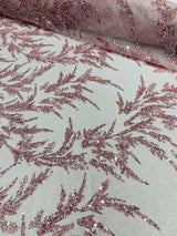 Fashion Beaded Lace With Glitter Mesh Fabric - Hand Beaded Vine Lace, Glitter Mesh, 54" Width (1 Yard)
