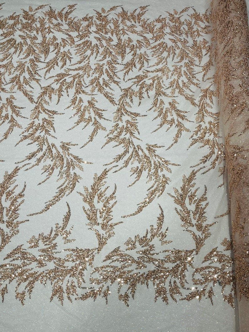 Fashion Beaded Lace With Glitter Mesh Fabric - Hand Beaded Vine Lace, Glitter Mesh, 54" Width (1 Yard)