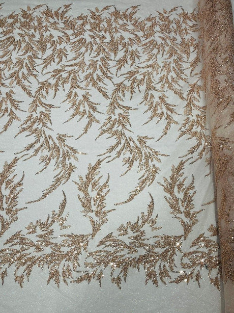 Fashion Beaded Lace With Glitter Mesh Fabric - Hand Beaded Vine Lace, Glitter Mesh, 54" Width (1 Yard)