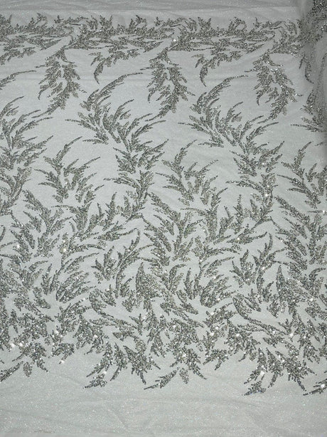 Fashion Beaded Lace With Glitter Mesh Fabric - Hand Beaded Vine Lace, Glitter Mesh, 54" Width (1 Yard)