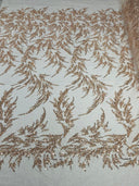 Fashion Beaded Lace With Glitter Mesh Fabric - Hand Beaded Vine Lace, Glitter Mesh, 54" Width (1 Yard)