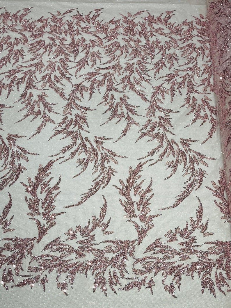 Fashion Beaded Lace With Glitter Mesh Fabric - Hand Beaded Vine Lace, Glitter Mesh, 54" Width (1 Yard)