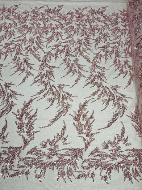 Fashion Beaded Lace With Glitter Mesh Fabric - Hand Beaded Vine Lace, Glitter Mesh, 54" Width (1 Yard)