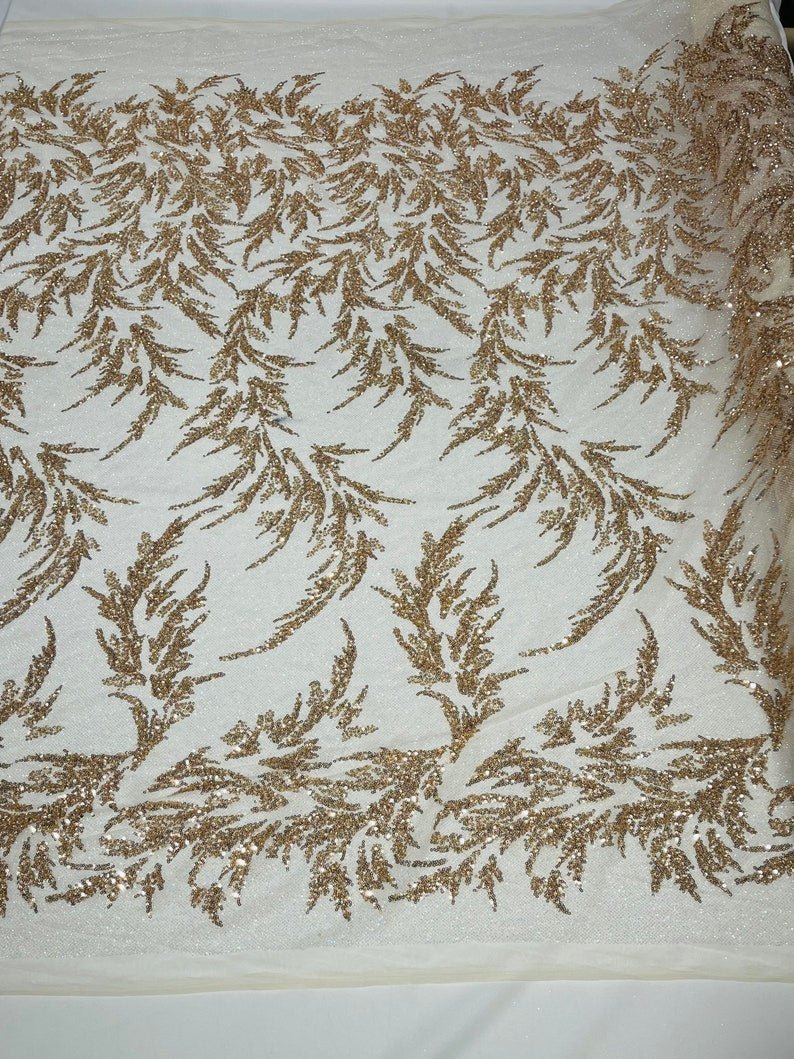 Fashion Beaded Lace With Glitter Mesh Fabric - Hand Beaded Vine Lace, Glitter Mesh, 54" Width (1 Yard)
