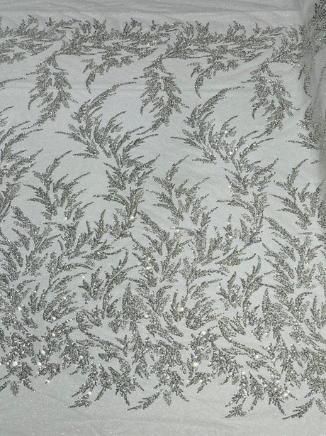 Fashion Beaded Lace With Glitter Mesh Fabric - Hand Beaded Vine Lace, Glitter Mesh, 54" Width (1 Yard)