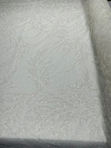 Fashion Beaded Lace With Glitter Mesh Fabric - Hand Beaded Vine Lace, Glitter Mesh, 54" Width (1 Yard)
