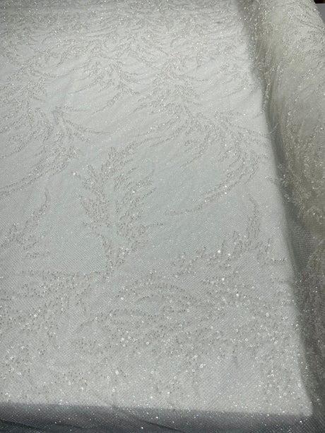 Fashion Beaded Lace With Glitter Mesh Fabric - Hand Beaded Vine Lace, Glitter Mesh, 54" Width (1 Yard)