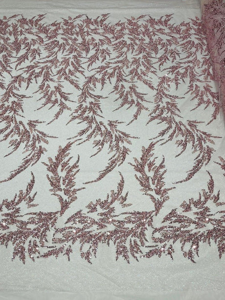 Fashion Beaded Lace With Glitter Mesh Fabric - Hand Beaded Vine Lace, Glitter Mesh, 54" Width (1 Yard)