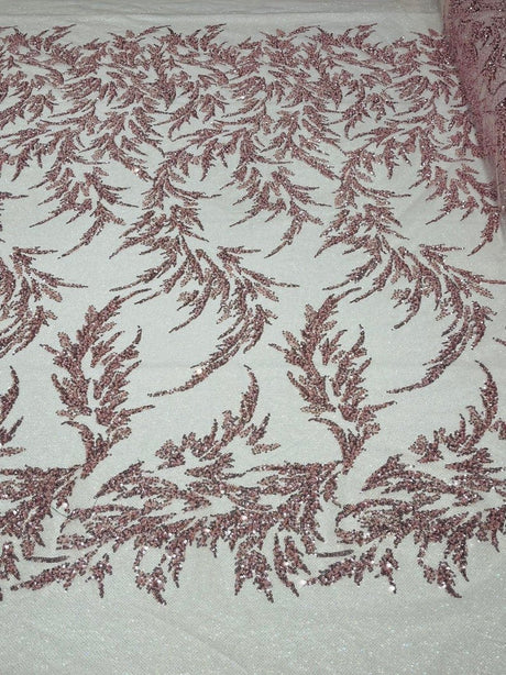 Fashion Beaded Lace With Glitter Mesh Fabric - Hand Beaded Vine Lace, Glitter Mesh, 54" Width (1 Yard)