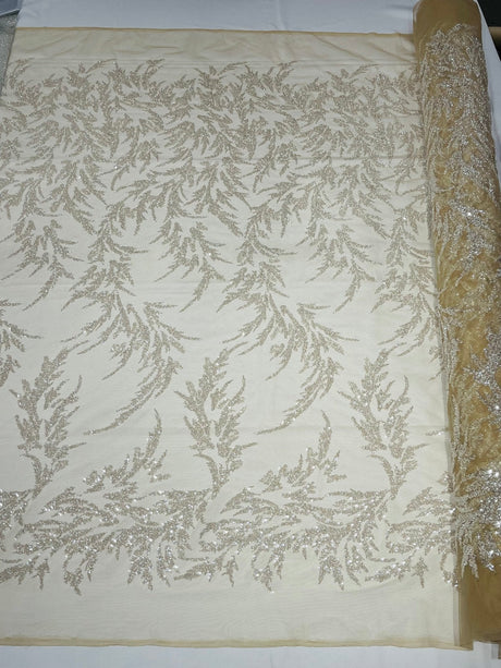 Fashion Beaded Vine Lace Polyester Fabric - Beaded Vine Pattern, 54" Width (1 Yard)
