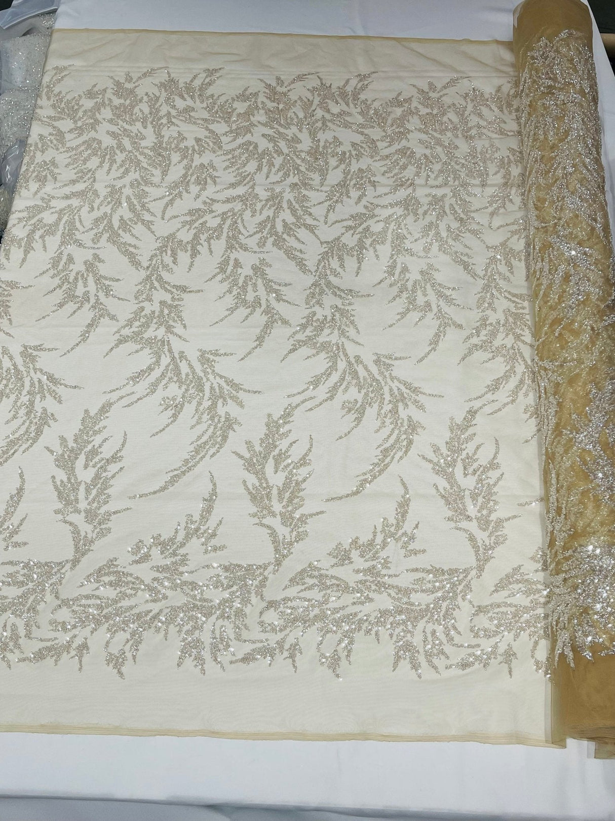 Fashion Beaded Vine Lace Polyester Fabric - Beaded Vine Pattern, 54" Width (1 Yard)
