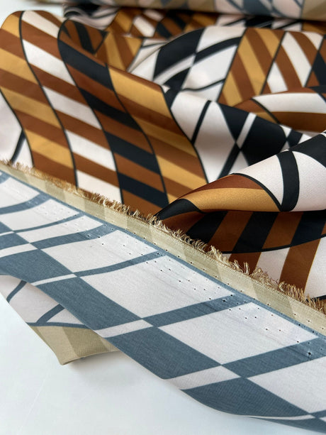 Polyester Sateen Striped Fabric Brown Multicolour Italy