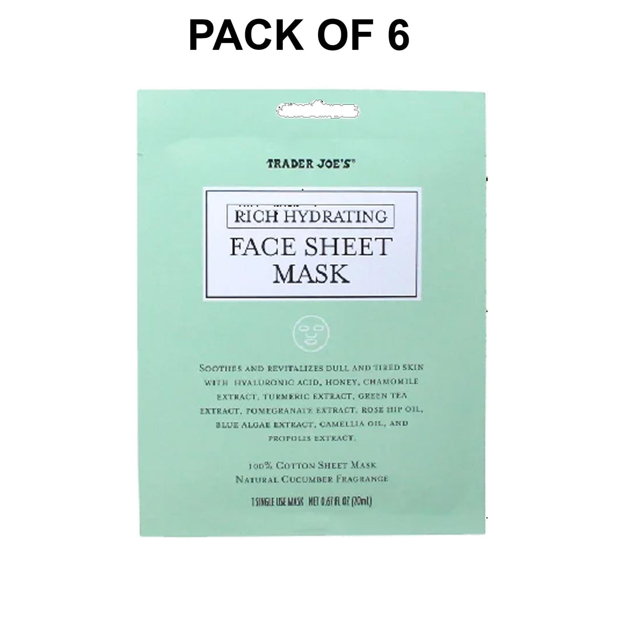 Trader Joe’s Rich Hydrating Face Sheet Mask Natural Cucumber Fragrance | 0.67 Fl Oz