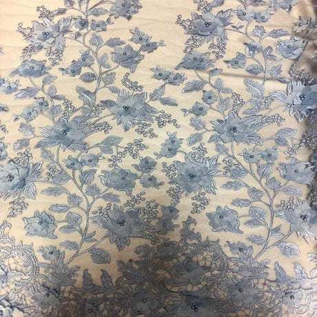 3D Embroidered Satin Floral Pearl Lace Fabric - 100 Percent Polyester Fabric, Floral Pearl Embroidery, 52" Width, 12" Panel (1 Yard)