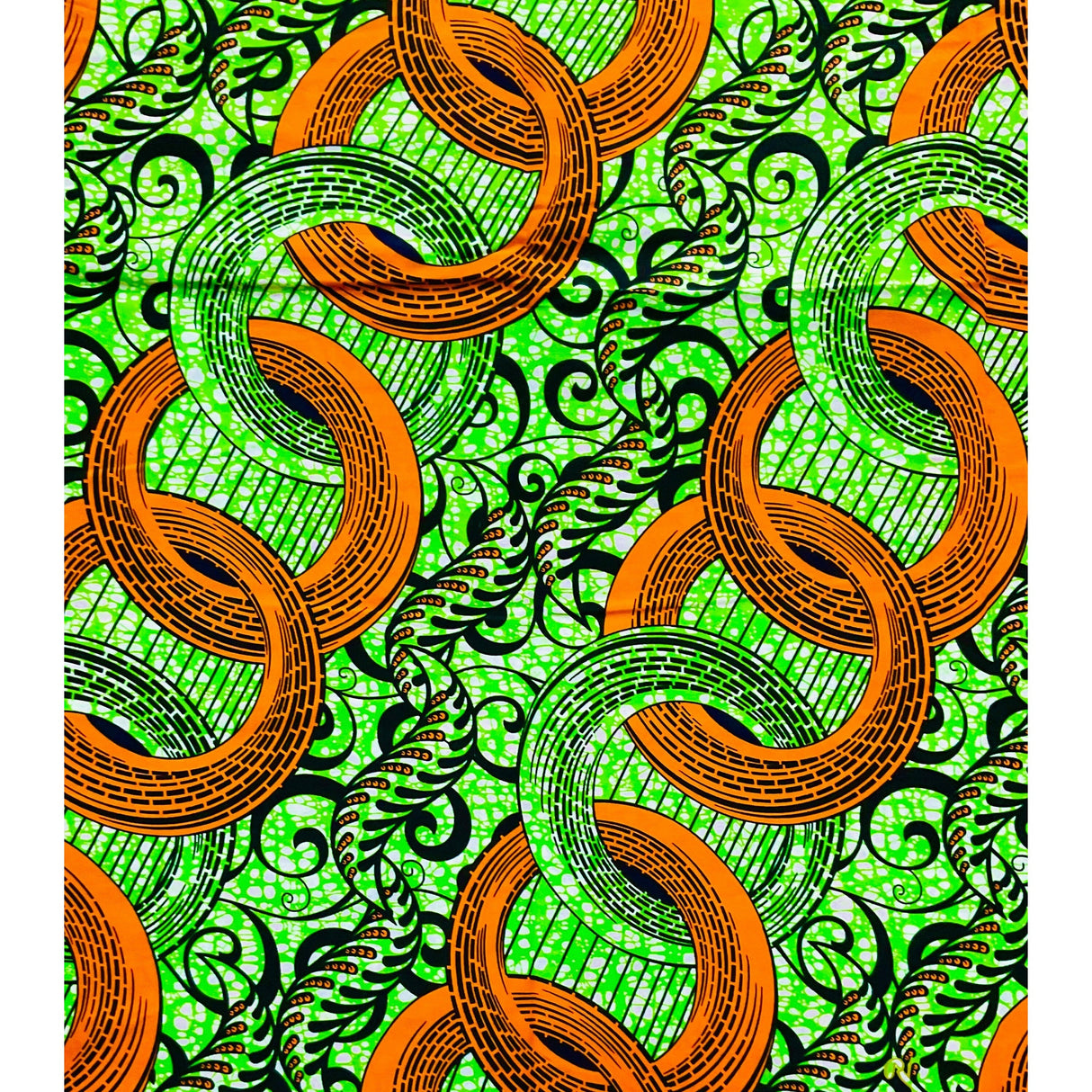 African Print Ankara Cotton Fabric - Orange, Green, Black Nuhu, 46" Width (Per Yard)