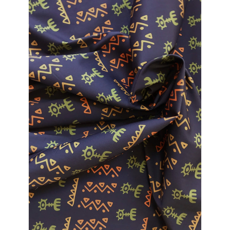 Adewale Stretch Cotton Satin Fabric - Navy, Orange, Green African Print, 58" Width (1 Yard)
