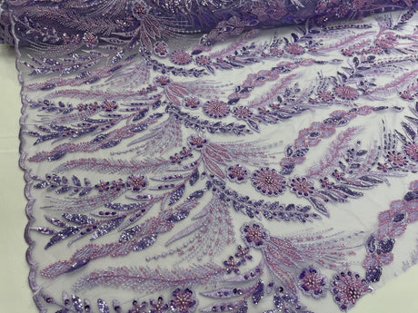Feather And Vine Beaded Lace Fabric - Feather And Vine Pattern, 54" Width (1 Yard)