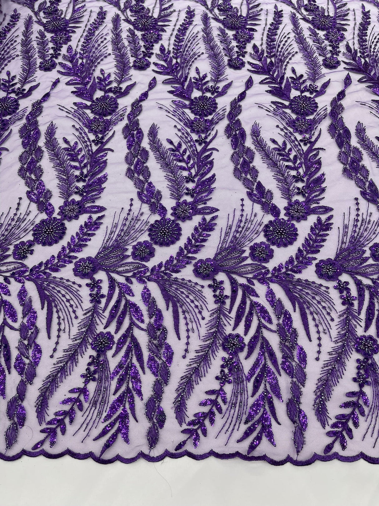 Feather And Vine Beaded Lace Fabric - Feather And Vine Pattern, 54" Width (1 Yard)