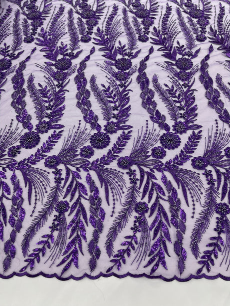 Feather And Vine Beaded Lace Fabric - Feather And Vine Pattern, 54" Width (1 Yard)