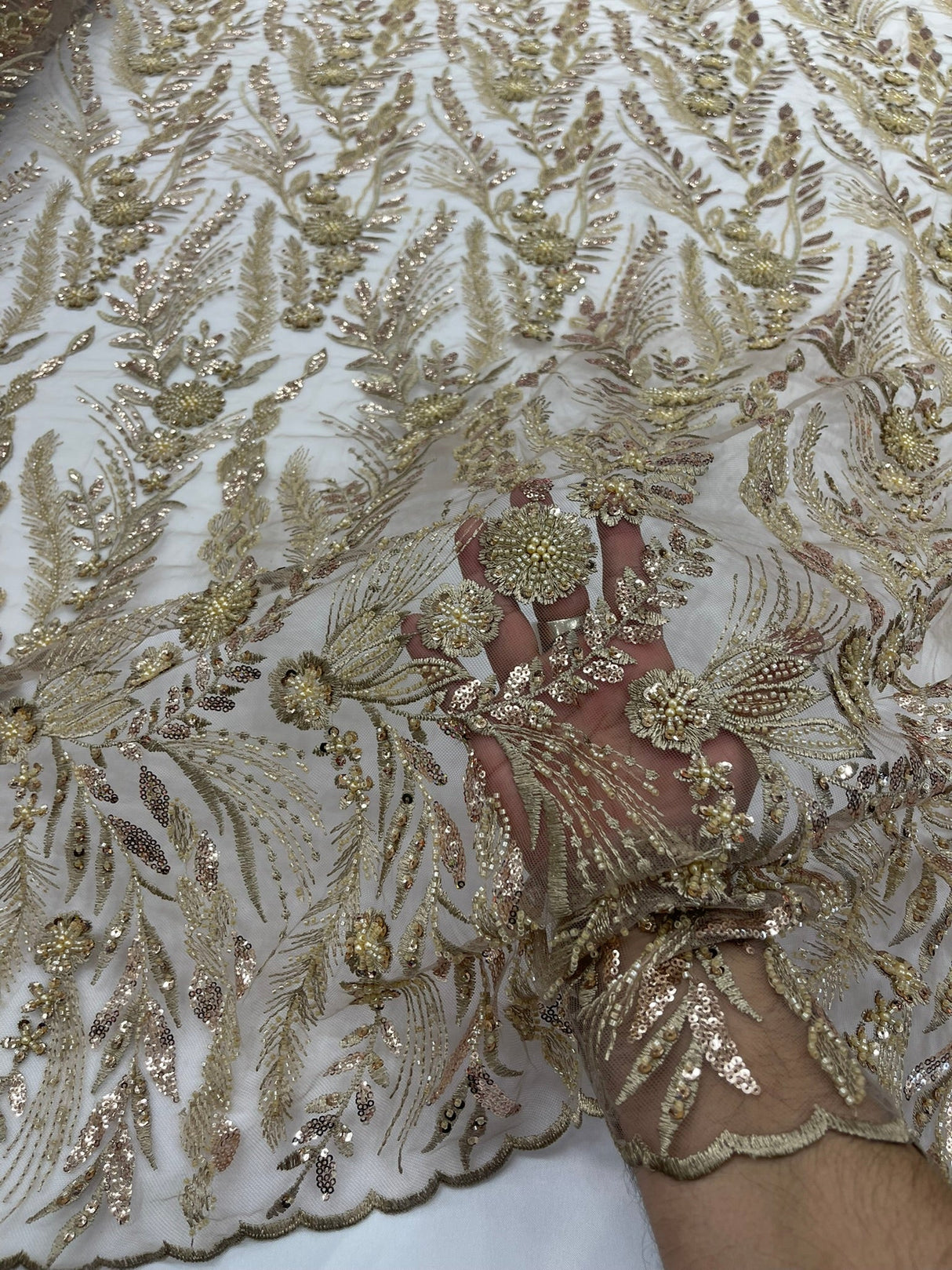Feather And Vine Beaded Lace Fabric - Feather And Vine Pattern, 54" Width (1 Yard)