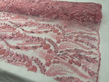 Feather And Vine Beaded Lace Fabric - Feather And Vine Pattern, 54" Width (1 Yard)